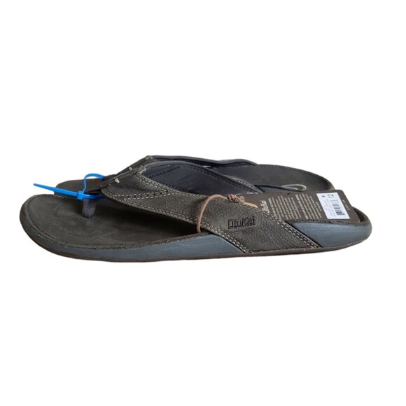 OluKai Nui Men’s Flip Flop Sandals Full Grain Leather Gray Size 12 NEW